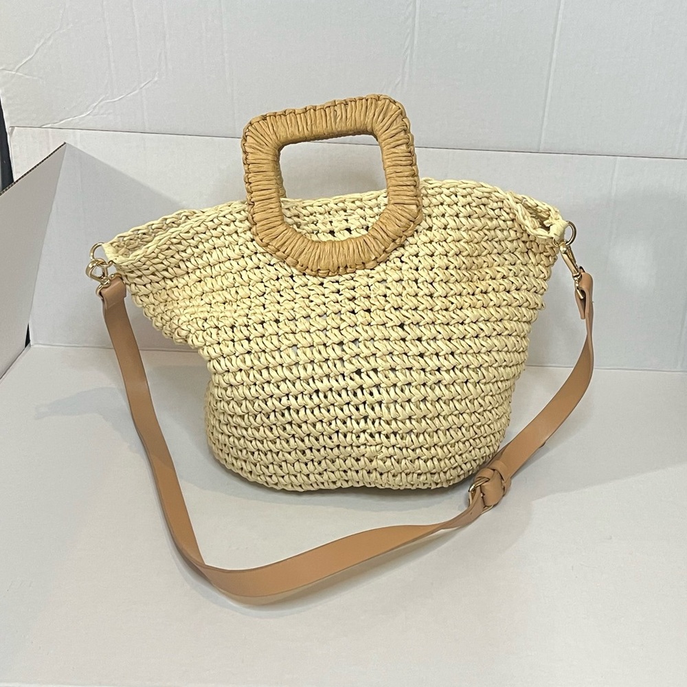 Zara Beige Woven Straw Crossbody Bag with Tan Leather Strap - Picture 5 of 11